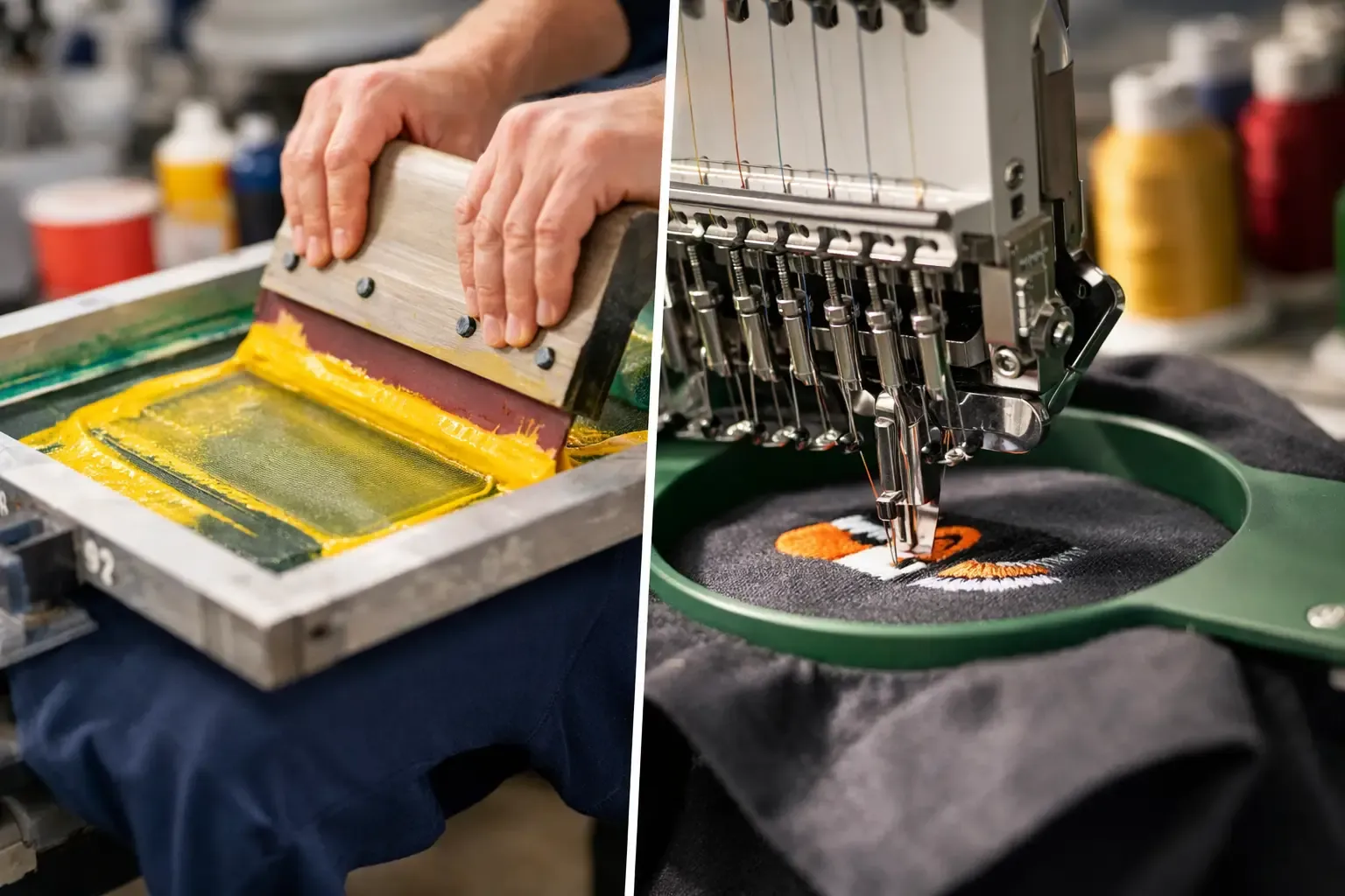 Screen printing a garment by hand beside an embroidery machine stitching a logo onto a dark garment.