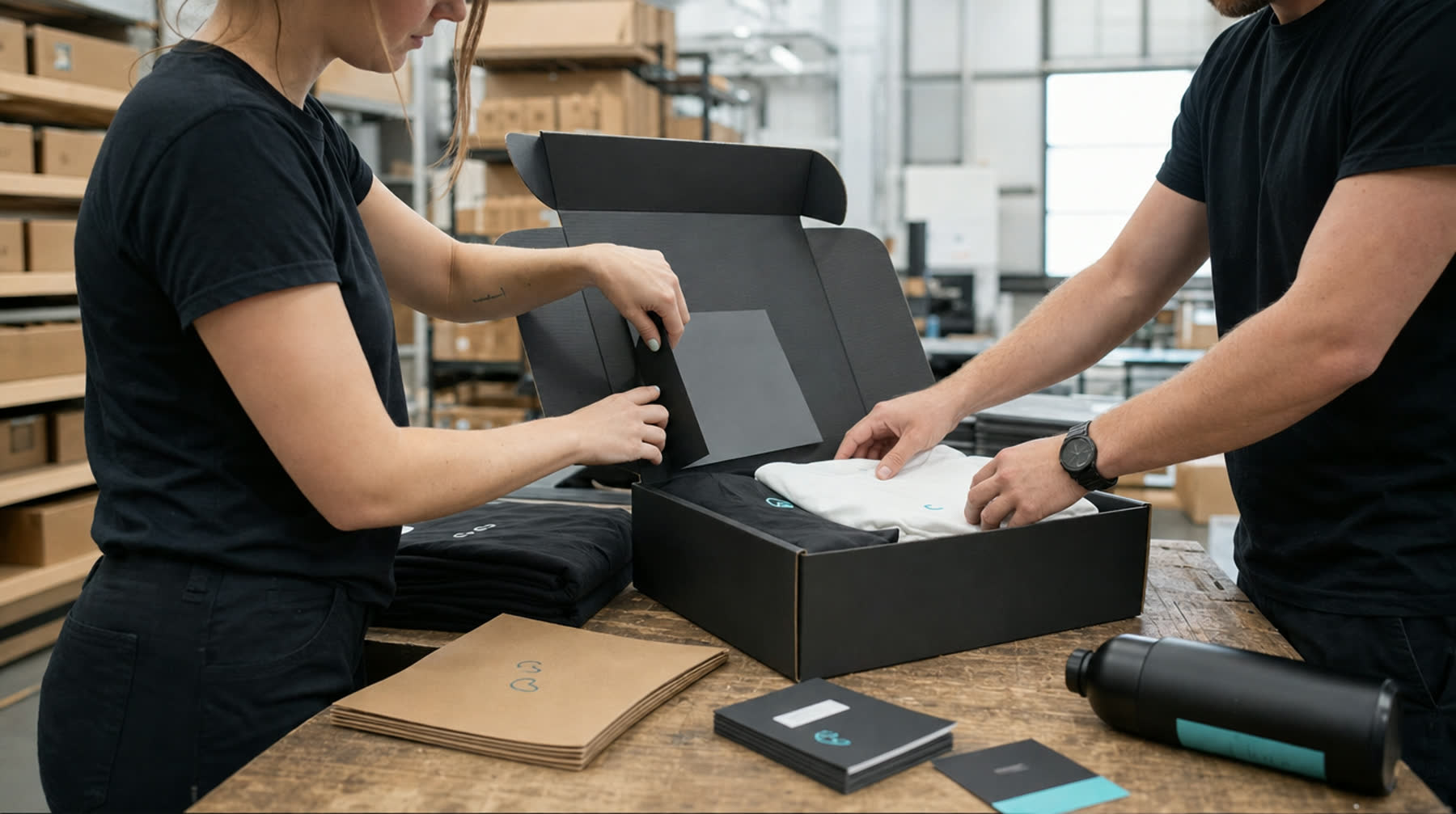 Campaign merchandise being packed into presentation boxes in a fulfilment workspace.