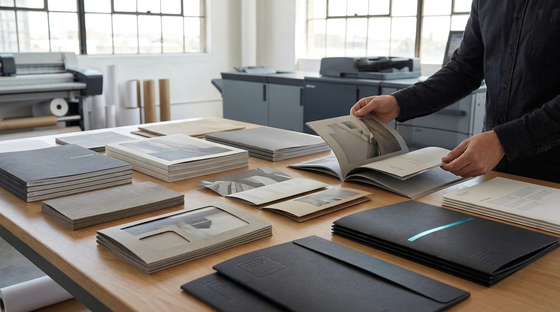 Premium printed campaign materials being checked during production at a print finishing studio.