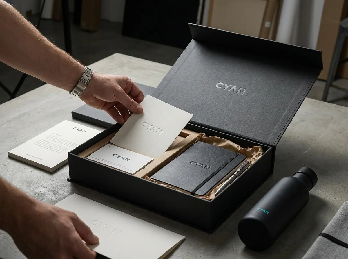 Hands lifting the lid of a Cyan-branded presentation box containing a notebook and pen.
